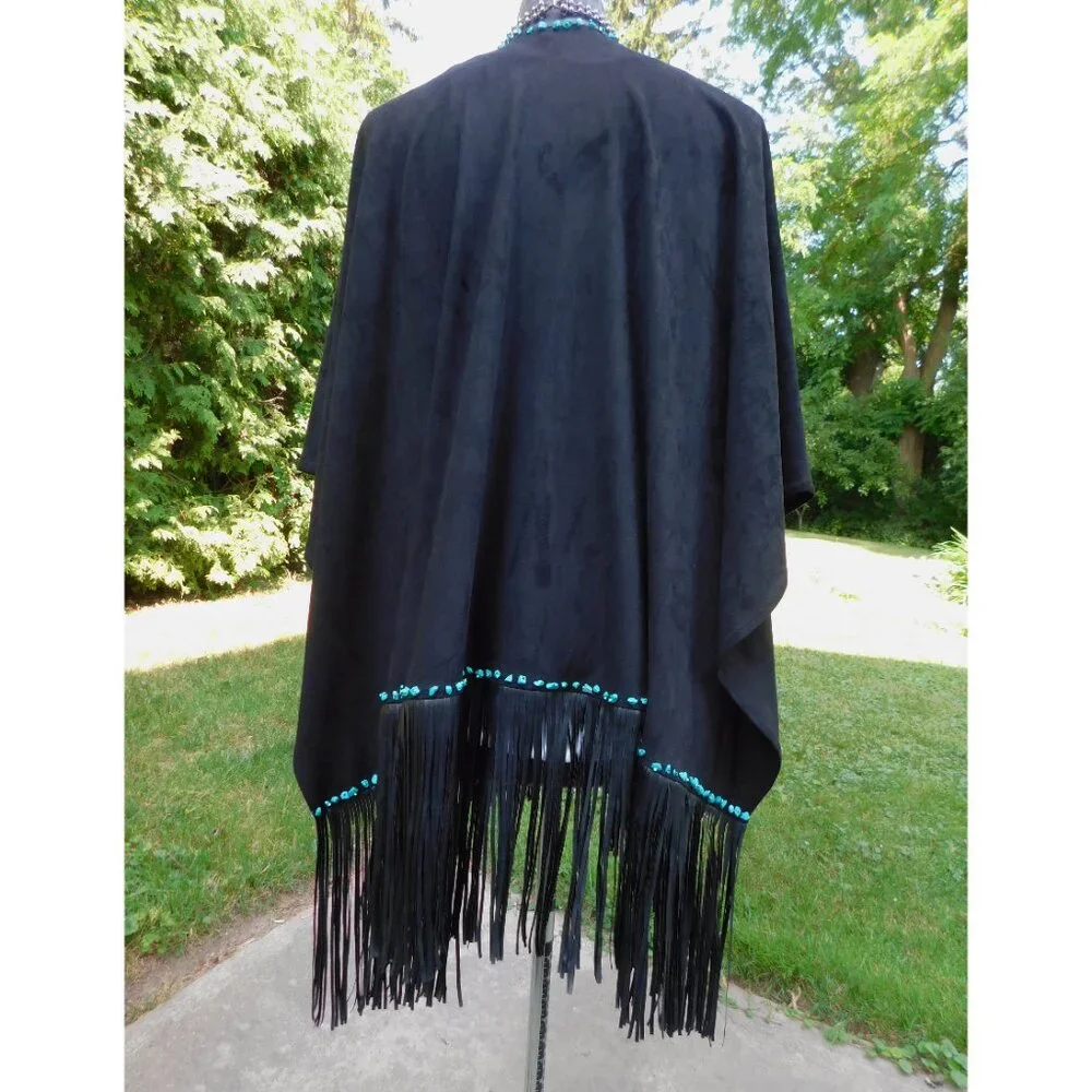 Black Thick Faux Suede and Leather Fringe Boho Poncho  Turquoise Stone Beads O/S - Picture 5 of 6
